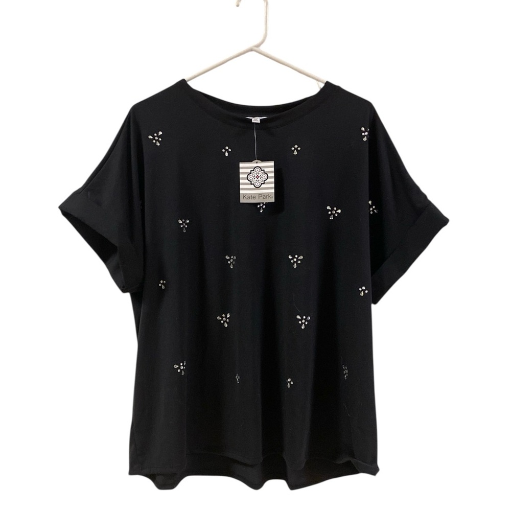 Kate Park Black Embellished Short Sleeve Top NWT Business Casual Party Festive